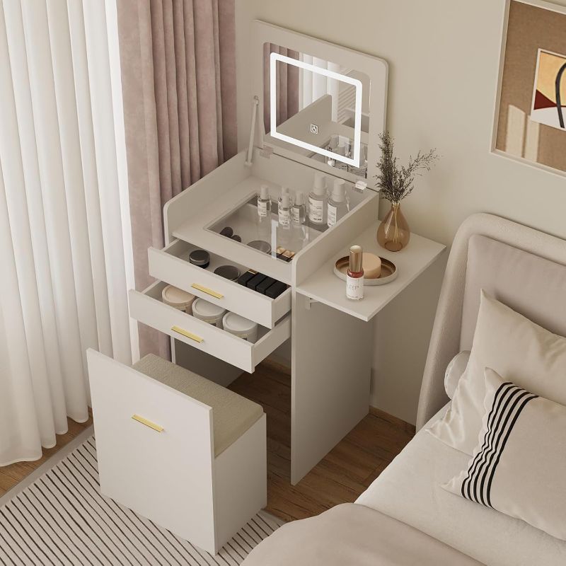 Photo 1 of ARTETHYS Small Vanity Desk Set with Flip-top Mirror and Lights White Integrated Makeup Table for Small Space Compact Mini Dressing Table with Fold-up Panel and Storage Chair for Bedroom