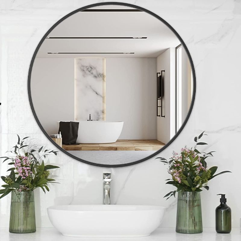 Photo 1 of 24" Round Black Bathroom Mirror with Metal Frame, Pure Silver Backing, Modern Circle Wall Mount Mirror for Over Sink, Entryway
