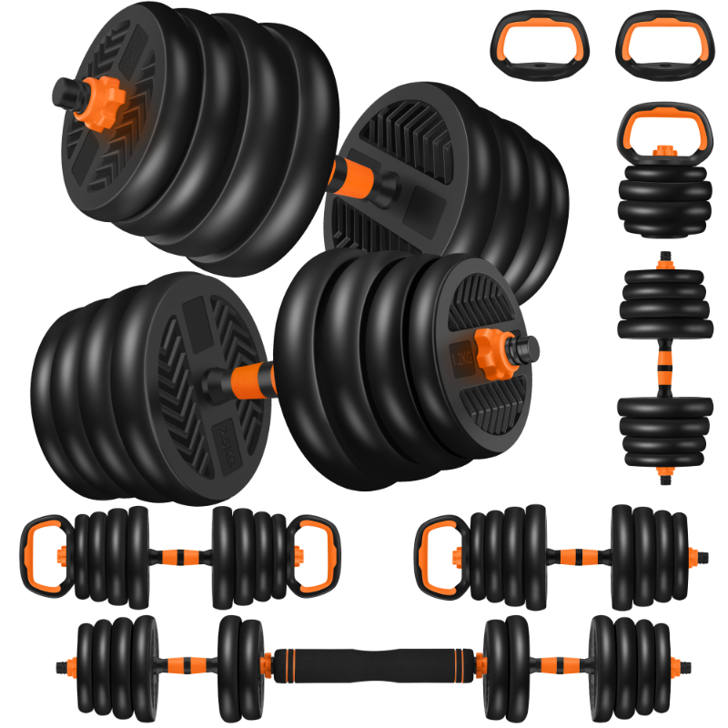 Photo 1 of FIXTECH 66LB Adjustable Weight Dumbbell Set, Free Weights with 4 Modes, Used as Barbell, Kettlebell with Star Collars, Orange
