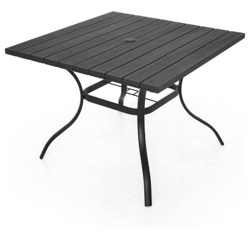 Photo 1 of 37" Plastic Top 4 Person Square Patio Dining Table with Metal Steel Leg, Three-dimensional Wood-like Grain and Umbrella Hole
