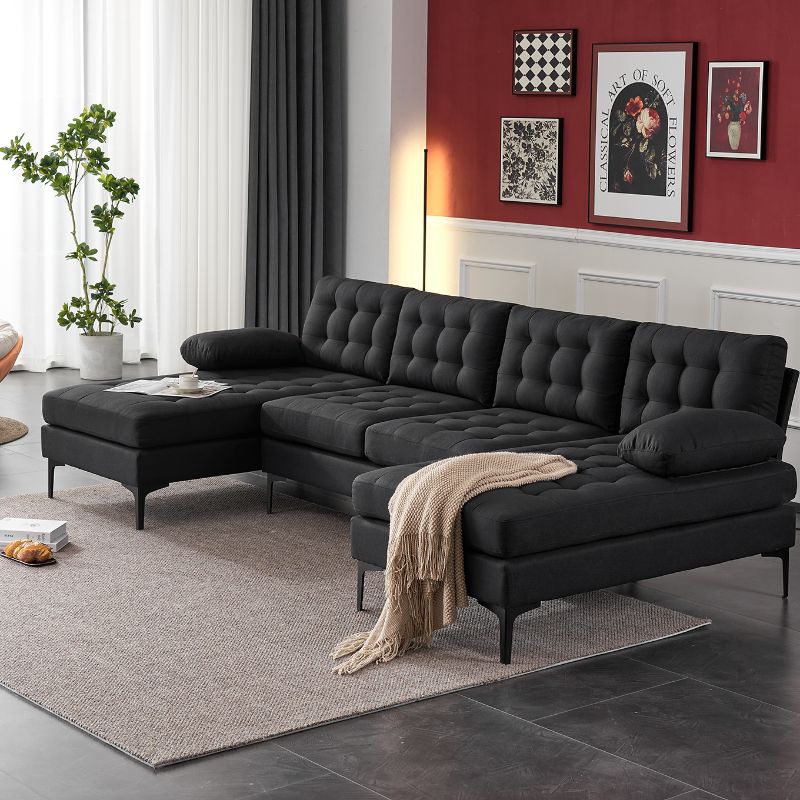 Photo 1 of *ONE PIECE OF * Ktaxon Sectional Sofa, 4 Seats Tufted Linen Fabric Couch, U-Shaped Lounge Sleeper with Comfy Chaise for Living Room Black
