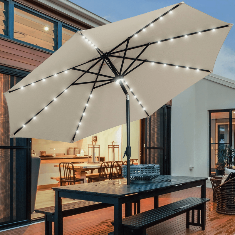 Photo 1 of Autlaycil 10 ft Solar Patio Umbrellas with 40 LED lights for Market Outdoor Pool, Steel Tilt Crank, Khaki
