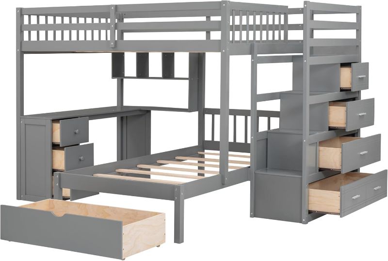 Photo 1 of *ONLY ONE  BOXES OF THE WHOLE SET- MISSING TWO BOXES*SOFTSEA L Shaped Bunk Bed Full Over Twin with Drawers and Shelf for Storage, Wood Bunk Bed Frame with Desk and Stairs, Full-Length Guardrail and No Box Spring Needed(Gray)