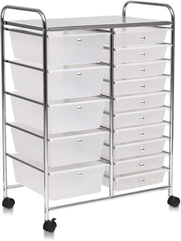 Photo 1 of *MIGHT BE*ARLIME 15-Drawer Storage Cart, 15 Drawer Trolley, Rolling Organizer Cart, Scrapbook Paper Organizer, Suitable for Office and School, Rolling Office Organizer Tools (Clear)