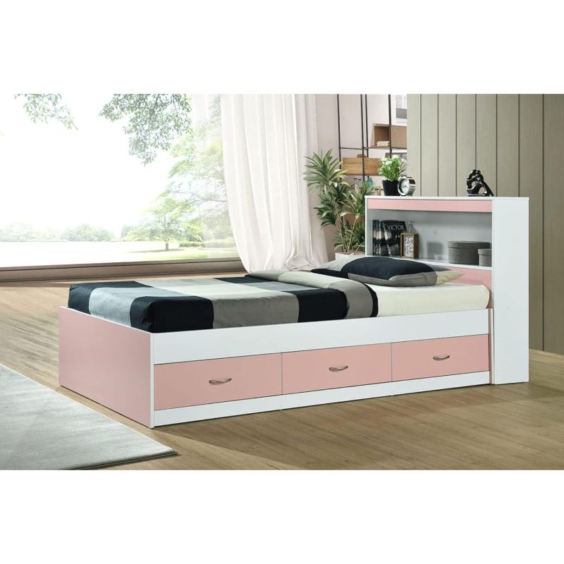 Photo 1 of Hodedah Twin Size Captain Bed with 3 Drawers and Headboard in Pink Wood
