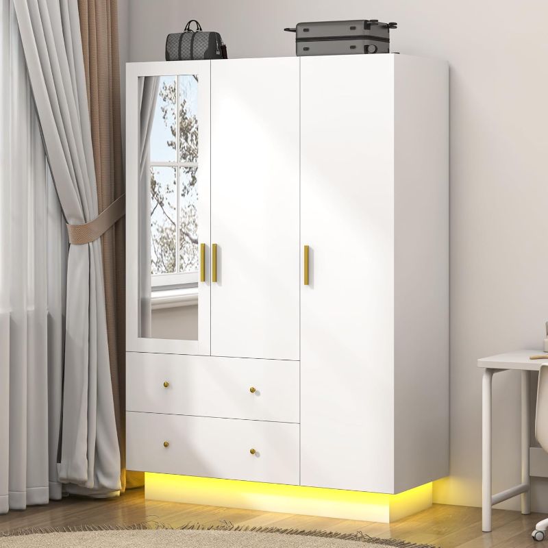 Photo 1 of *MIISSING ONE BOX OF THE SET OF 3*3 Door Wardrobe Closet with Mirror & LED Lights, Bedroom Armoire with Drawers & Shelves, Modern Wooden Armoire Wardrobe Closet with Hanging Rod for Bedroom, White
