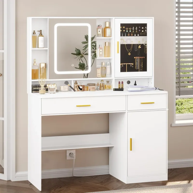 Photo 1 of Large Vanity Desk with Mirror and Light, Vanity Table and Cushioned Stool Set, Makeup Vanity Table Makeup Desk with Charging Station, Storage Stool, Bedroom Dressing Table with Drawer and Cabinet https://a.co/d/arHiRFD