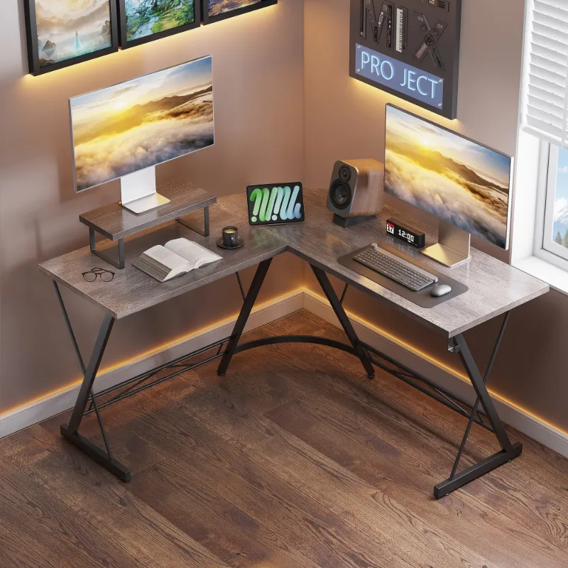 Photo 1 of 51 inch Gaming Desk with Removable Monitor Stand, L Shaped Computer Desk, Corner Desk for Home Office, Grey Oak