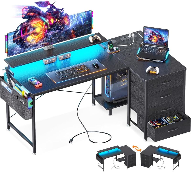 Photo 1 of 
AODK L Shaped Desk with 4 Tier Drawers, 61" Reversible Gaming Desk with Power Outlets, L Shaped Computer Desk with USB Charging Port and Host Stand, Home Office Corner Desk, Easy to Assemble, Vintag