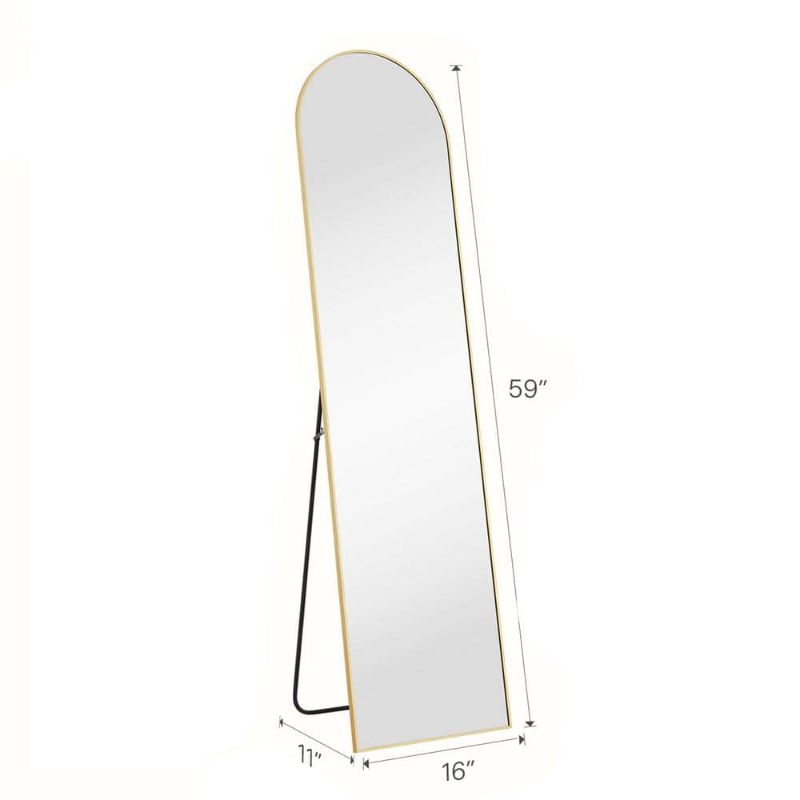 Photo 1 of 16 in. W X 59 in. H Aluminium Alloy Frame Gold Arched Floor Mirror, Floor Stand and Wall Mounted Hooks