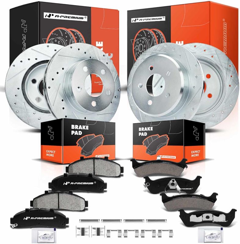 Photo 1 of A-Premium Front & Rear Drilled and Slotted Disc Brake Rotors + Ceramic Pads Kit Compatible with Select Nissan and Suzuki Models - Frontier 2005-2019, Xterra 2005-2015, Equator 2009-2012, 12-PC Set