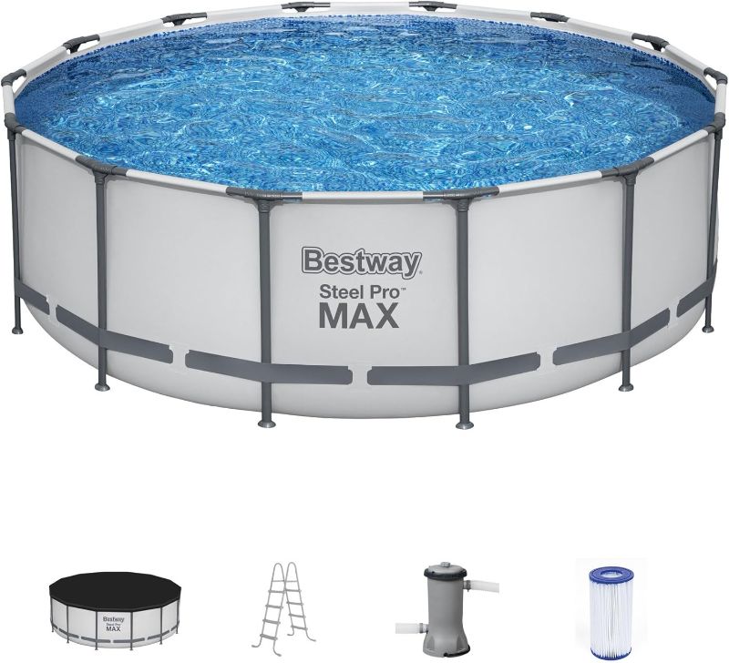 Photo 1 of Bestway Steel Pro MAX 14 Foot x 48 Inch Round Metal Frame Above Ground Outdoor Swimming Pool Set with 1,000 Filter Pump, Ladder, and Cover, Gray