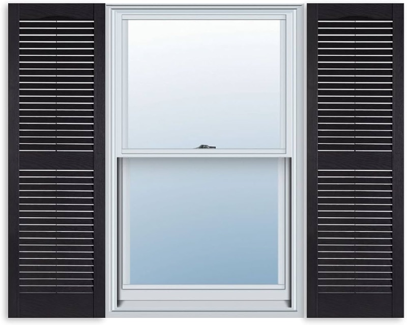 Photo 1 of 15 Inch x 51 Inch Standard Louver Exterior Vinyl Window Shutters, Black (Pair)