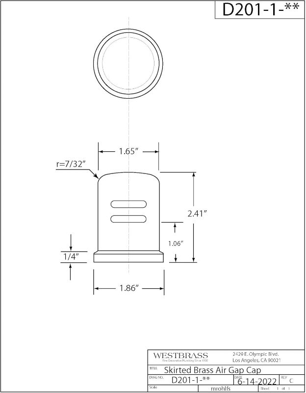 Photo 2 of 1-5/8? cap diameter 2-1/4 cap height Solid Brass Air Gap Cap Only