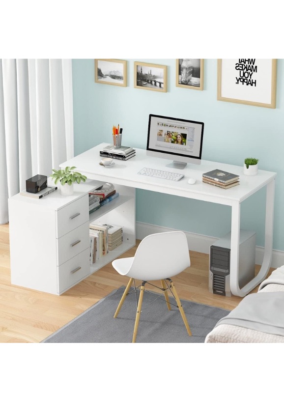 Photo 1 of 55-inch L Shaped Office Computer Desk W/Drawers White Modern Contemporary Scandinavian L-Shape MDF Metal Matte Includes Hardware Shelves https://a.co/d/iR33172