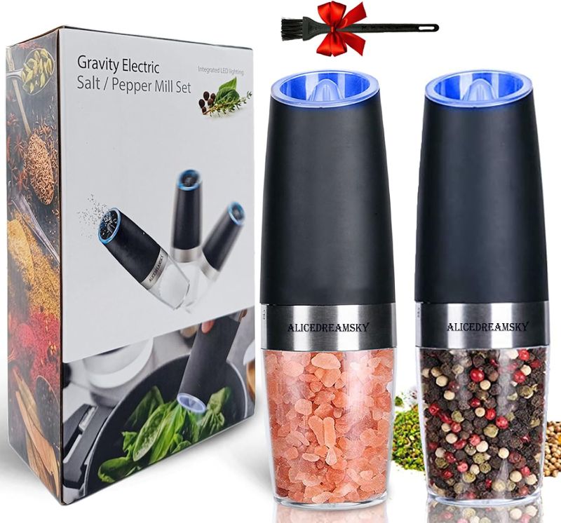 Photo 1 of 2 Pack Gravity Electric Salt and Pepper Grinder Set Automatic Battery Powered Salt Mill, Adjustable Coarseness, with Blue LED Light, One Hand Operated
