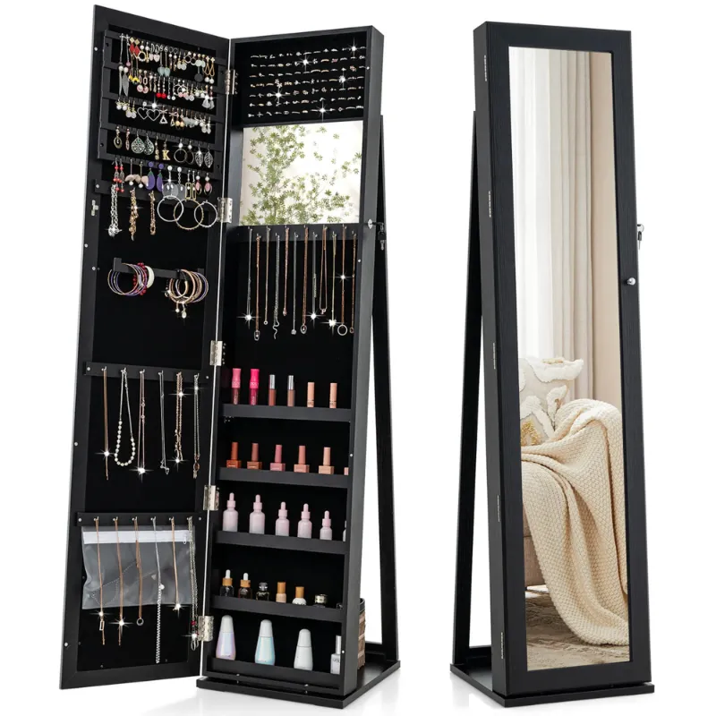 Photo 1 of Costway Mirrored Jewelry Cabinet Armoire Lockable Standing Storage Organizer with Shelf Black
