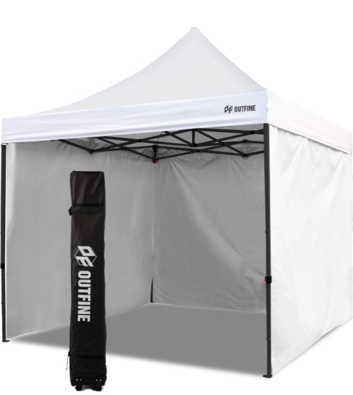 Photo 1 of OUTFINE Heavy Duty Canopy 10x10 Pop Up Commercial Canopy Tent with 3 Side Walls Instant Shade, Bonus Upgrade Roller Bag, 4 Weight Bags, Stakes and Ropes (White, 10 * 10FT)