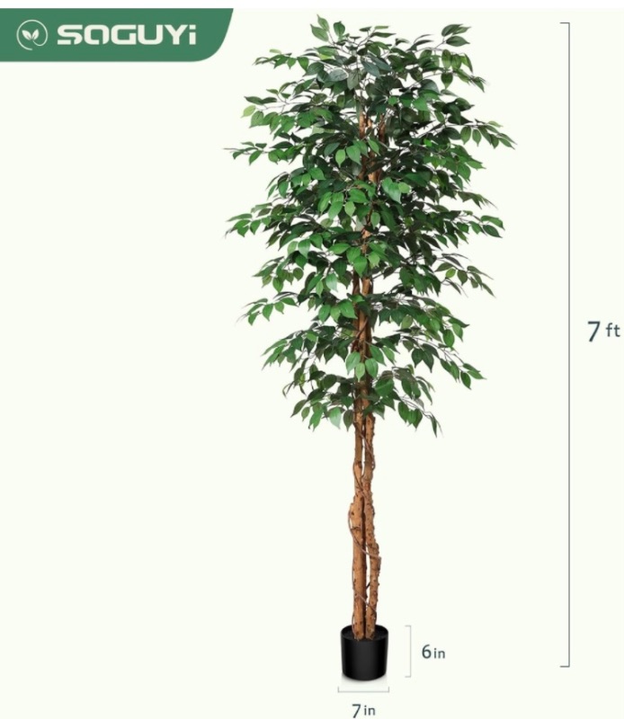 Photo 1 of 7ft Artificial Ficus Tree with Natural Wood Trunk, Silk Fake Ficus Tree in Plastic Nursery Pot, Faux Plant for Office Home, Indoor Outdoor Decor, 1 Pack