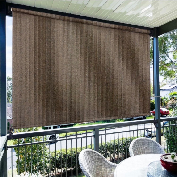 Photo 1 of Amagenix Outdoor Roller Shades 8'(W) X 8'(H), Exterior Cordless Patio Shades Roll Up Outdoor Blinds with 90% UV Protection, Two-Section Poles with One-Piece Fabric, Mocha