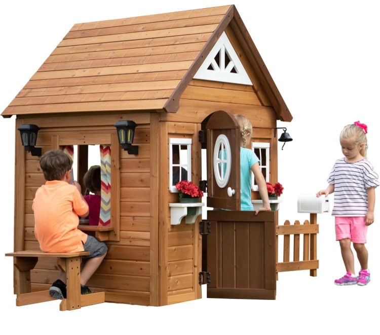 Photo 1 of Backyard Discovery Aspen All Cedar Wooden Playhouse, Country Style, Dutch Front Door, Flower Pot Holders, Stove, Sink, Plastic Food, Doorbell, Mailbox, Outdoor Light Attached Picnic Bench