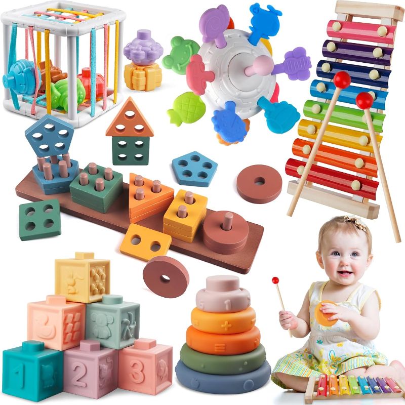 Photo 1 of 6 in 1 Montessori Baby Toys for 1 + Year Old, Infant Sensory Teething Toys for Babies 6-12 Months, Wooden Stacking Building Blocks Shape Sorter, Xylophone Musical Toy, Birthday Gift for Toddlers 1 2 3