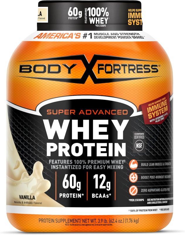 Photo 1 of Body Fortress Super Advanced Whey Protein Powder, Vanilla, 60g Protein & 12g BCAAs Per 2 Scoops, Muscle Gain & Recovery, Immune Support with Vitamins C & D, 3.9lbs (Packaging May Vary)
