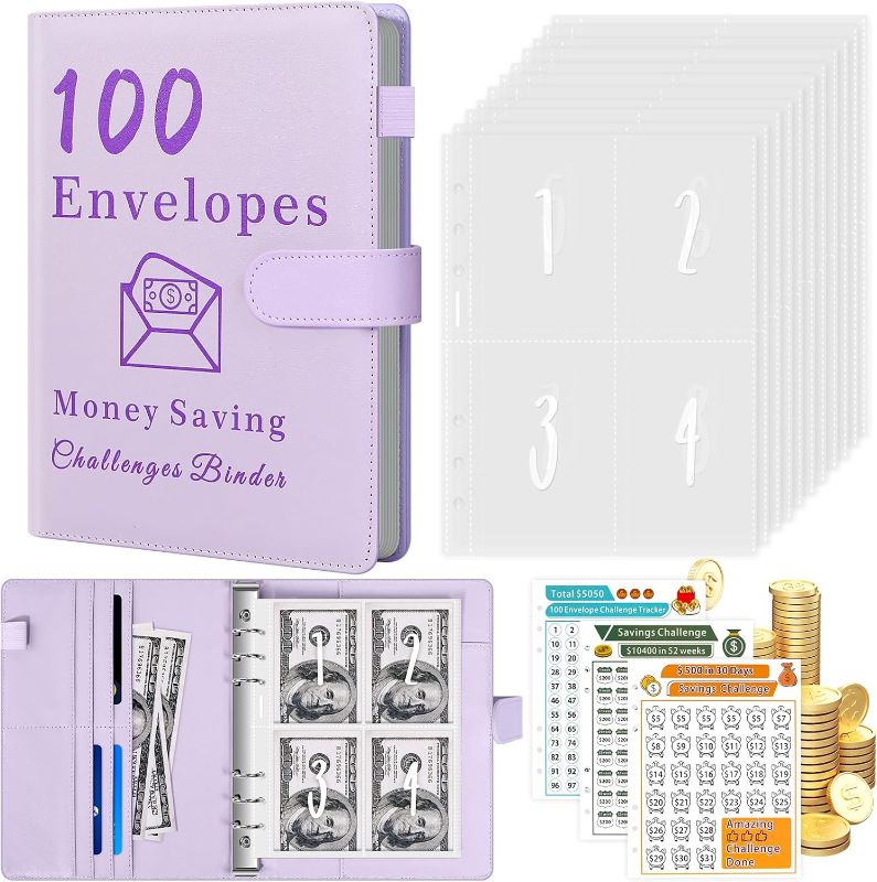 Photo 1 of  100 Envelopes Money Saving Challenge, A5 Money Saving Binder with Cash Envelopes, 3 Budgeting Planner Trackers Savings Budget Book, Money Organizer Gifts for Teen Family Friends, Purple