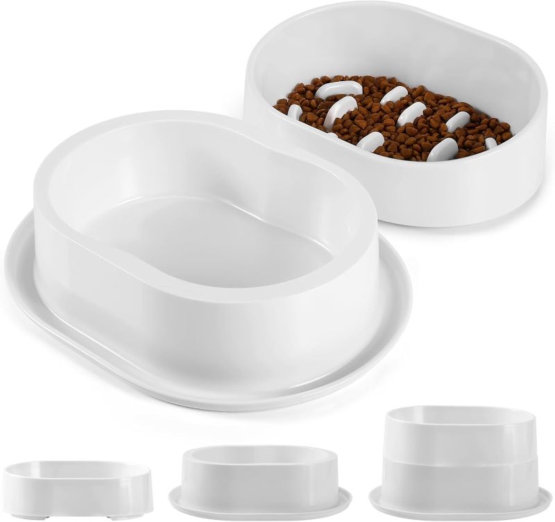 Photo 1 of 2 in 1 Pet Slow Feeder + Water Bowl, 8'' Raised Food Bowl for Small Dogs and Cats, Large Capacity & Elliptical Shaped, No Spill Non-Slip, Whisker Friendly, Dishwasher Safe, 40 oz + 35 oz White
