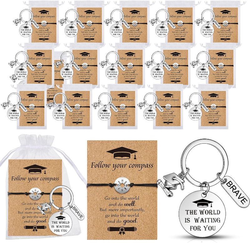 Photo 1 of Junkin 16 Pack Graduation Bracelet Gifts for Her Him Graduation Keychain Gift for Her Him Class of 2023 Student Compass Bracelet Seniors College High School Graduate Gifts (Going Places)
