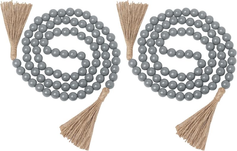 Photo 1 of  Farmhouse Wood Beads Garland Decor, 2 Pack 58 Inch Wooden Beads for Boho Home Decor with Tassels, Rustic Country Decor for Table, Wall, Shelf, Tray, Vase, Living Room, Bedroom, Summer(Grey)