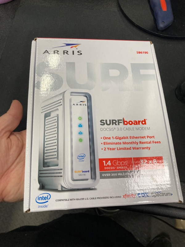 Photo 3 of ARRIS Surfboard SB6190 32x8 DOCSIS 3.0 Cable Modem with 1.4 Gbps Download and 262 Upload Speeds, White (Non-Retail Packaging)