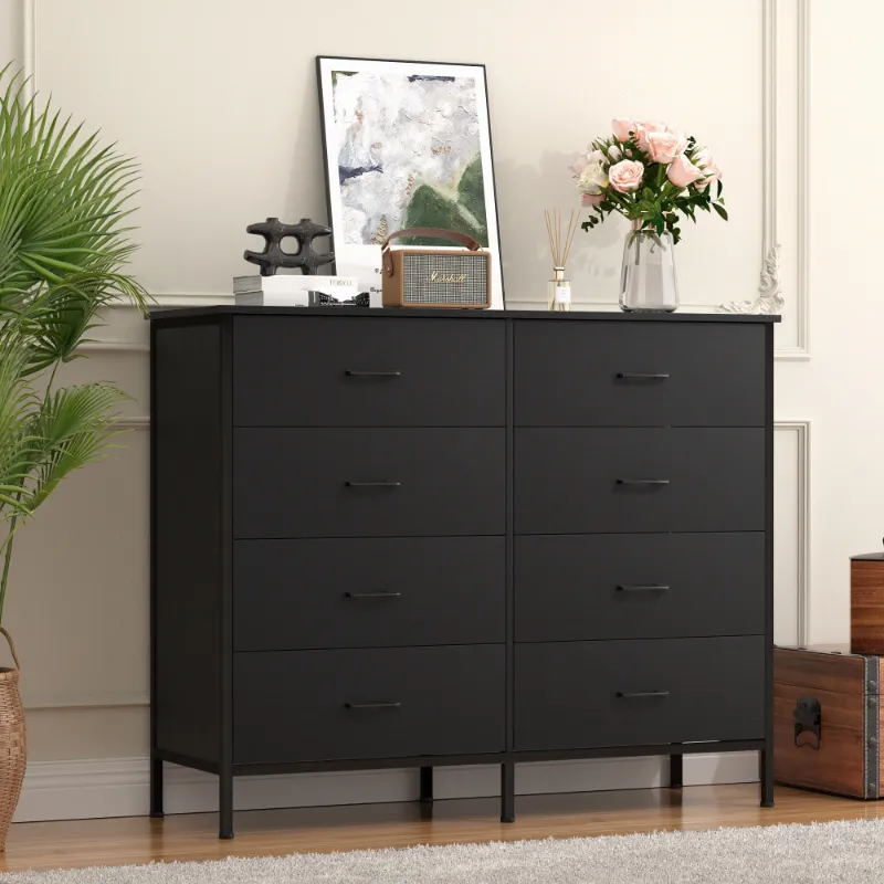 Photo 1 of 47.2'' Drawer Dresser Chest of 8 Drawers, Storage Dresser Tower for Bedroom, Living Room, Hallway, Nursery, White Storage Cabinet Wooden Dresser with Steel Frame, Black
