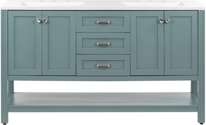 Photo 1 of **** see  notee**Spring Mill Cabinets Eaton Double Bathroom Vanity with 2 Cabinets, 3 Drawers, Open Shelf, Sink, 60.25" W x 18.75" D x 35.41" H, Sage/White Top