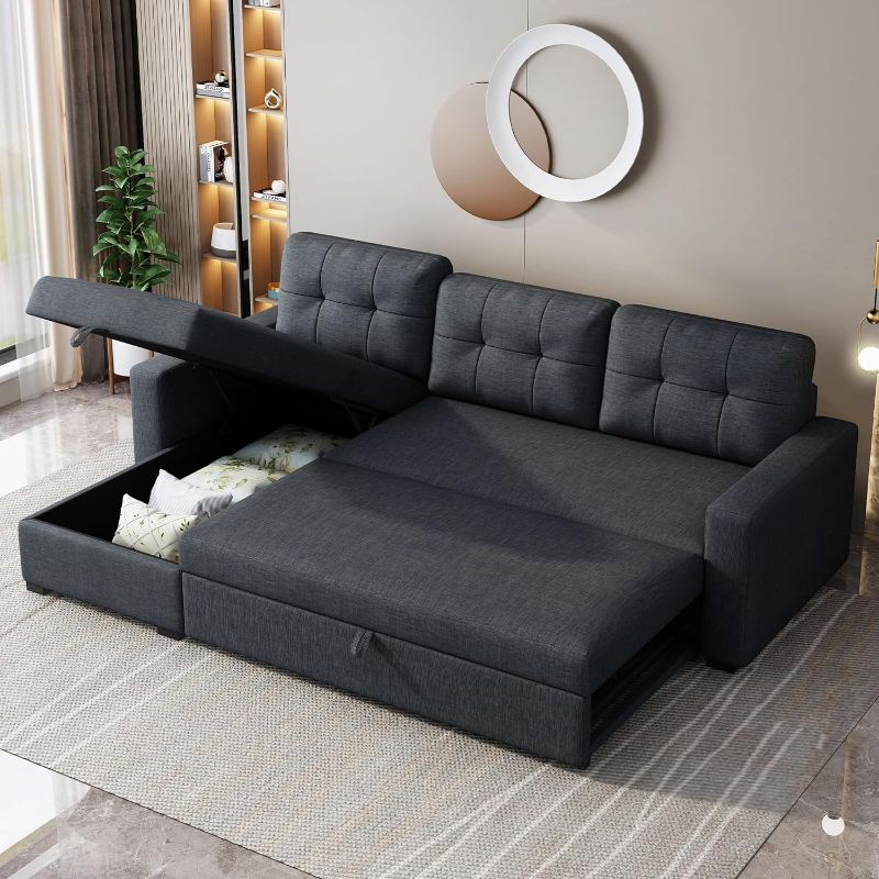 Photo 1 of ***BOX 1 AND 3 ONLY, MISSING BOX 2*** Sectional Sleeper Sofa with Storage Chaise,Convertible L Shaped Pull Out Couch Bed with 3 Removable Back Cushion for Living Room, Apartment,Office, black,81.5"