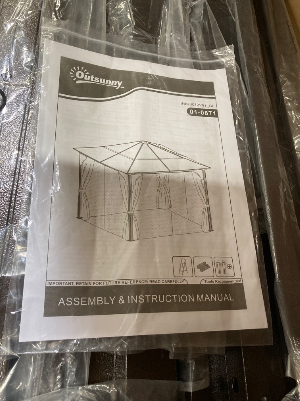 Photo 3 of Outsunny 10' x 12' Hardtop Gazebo Canopy with Polycarbonate Roof, Aluminum Frame, Permanent Pavilion Outdoor Gazebo with Netting, for Patio, Garden, Backyard, Deck, Lawn, Khaki and Black