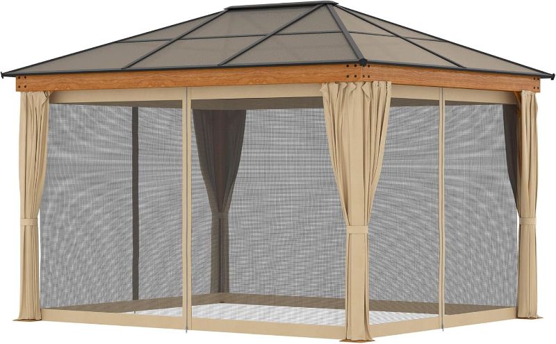 Photo 1 of Outsunny 10' x 12' Hardtop Gazebo Canopy with Polycarbonate Roof, Aluminum Frame, Permanent Pavilion Outdoor Gazebo with Netting, for Patio, Garden, Backyard, Deck, Lawn, Khaki and Black