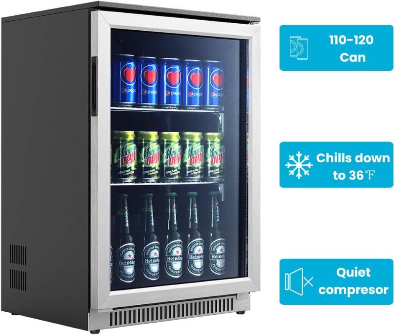 Photo 2 of 20 Inch Wide Built in Beverage Refrigerator with Clear Glass Front Door, 120 Can Under Counter Cabinet Soda Beer Drink Cooler Center Large, Undercounter Bar Display Fridge