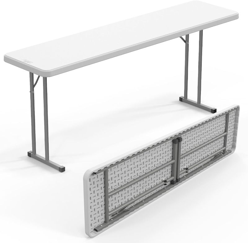 Photo 1 of 8 FT Narrow Folding Table,Premium Quality HDPE Material and Sturdy Metal Frame, Perfect for Buffet, Seminar, Party, Training, Home Work, White