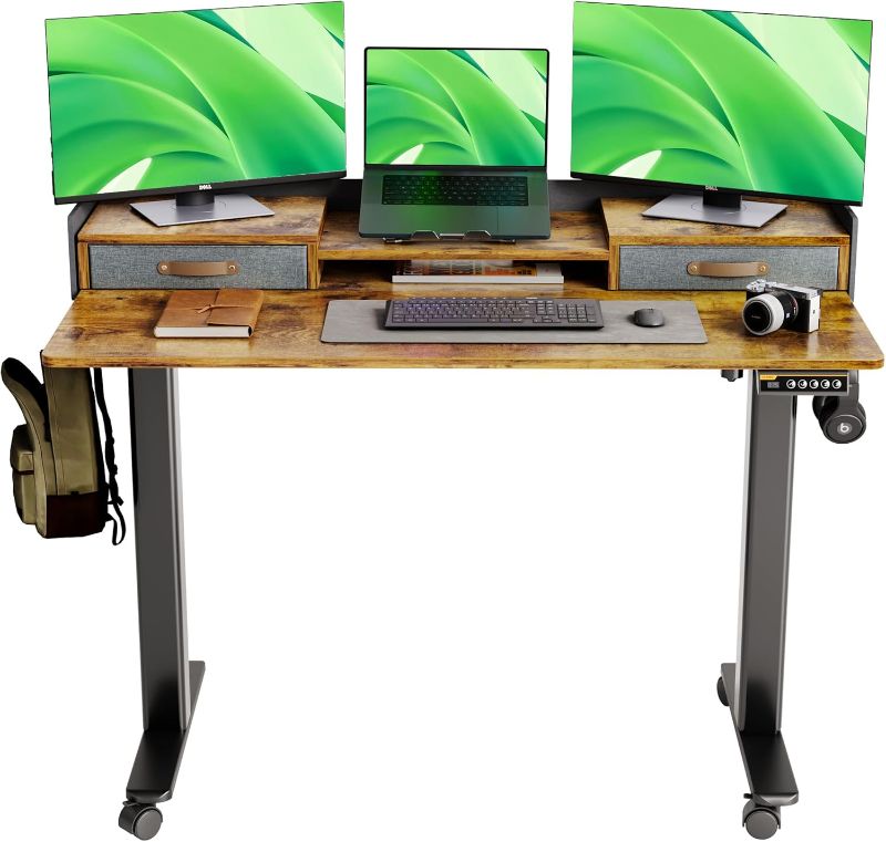 Photo 1 of **DAMAGE SMALL**Standing Desk with Drawers, Stand Up Electric Standing Desk Adjustable Height, Sit Stand Desk with Storage Shelf and Splice Board, 48 Inch, Rustic Brown