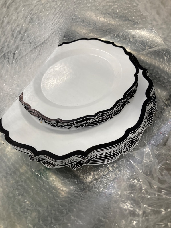 Photo 1 of PLASTICPRO 32 Pack Elegant Disposable Plastic Plates Combo Set Includes 16 Dinner Plates and 16 Salad Plates Heavy Duty Fancy Party Plates White & Black Contemporary Design