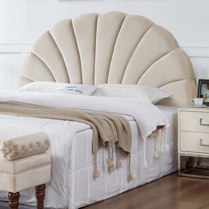 Photo 1 of 24KF Stunning Crown Design Queen Headboard, Upholstered Soft Velvet Petal Pattern Headboard Queen/Full-Beige