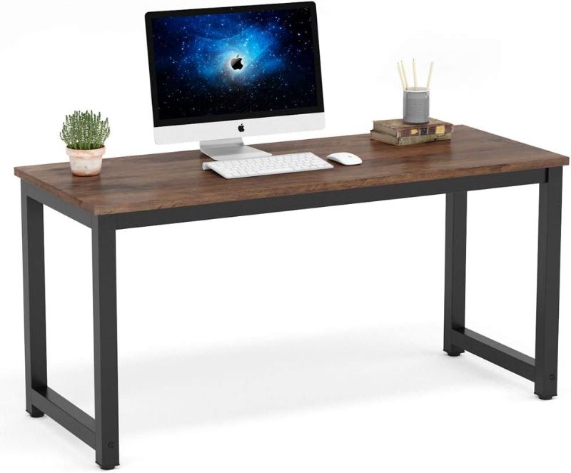 Photo 1 of Desk for Small Space, Computer Desk with Storage Shelf and Keyboard Tray, Triangle Vanity Desk with Sturdy Metal Frame, Compact Home Office Table, Rustic Brown