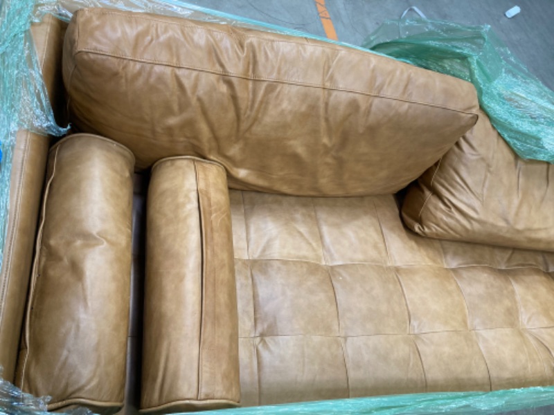 Photo 1 of POLY & BARK Cognac Tan Brown Leather Couch - 88.5" Mid Century Leather Sofa with 2 Bolsters - Full Grain Camel Leather Couch - Feather-Down Topper On Seating Surface - Pure-Aniline Italian Leather