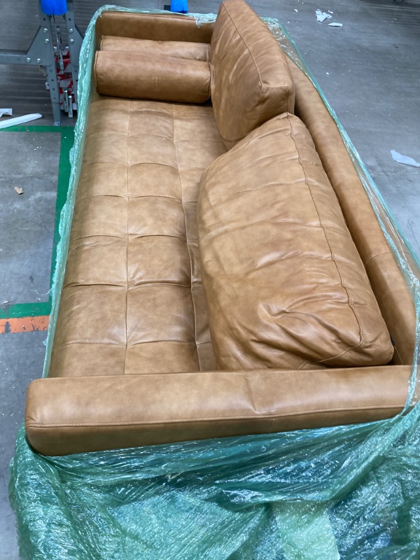Photo 1 of POLY & BARK Cognac Tan Brown Leather Couch - 88.5" Mid Century Leather Sofa with 2 Bolsters - Full Grain Camel Leather Couch - Feather-Down Topper On Seating Surface - Pure-Aniline Italian Leather