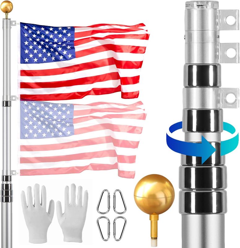 Photo 1 of  30FT Telescoping Flagpole Kit, Heavy Duty Aluminum Alloy in Ground Poles for Outside, 3 Display Modes with 3x5 American Flag, Professional Accessories, Silver