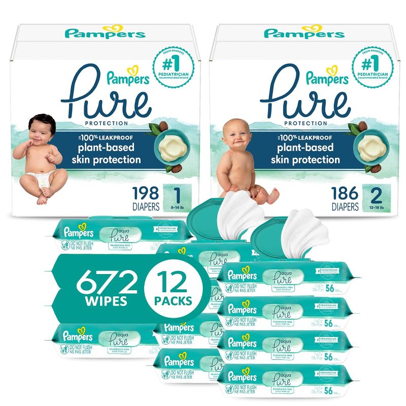 Photo 1 of ***THESE ARE THE WIPES ONLY****Pampers Pure Protection Disposable Baby Diapers Starter Kit (2 Month Supply), Sizes 1 (198 Count) & 2 (186 Count) with Aqua Pure Sensitive Wipes, 12X Pop-Top Packs (672 Count)