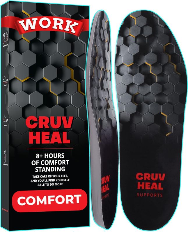 Photo 1 of  Comfort Orthotic Insoles - Anti Fatigue Shoe Insert Men Women - Low Arch Support - Shock Absorption - Foot Pain Relief - Work Boot Insoles (Black Hexagons, M