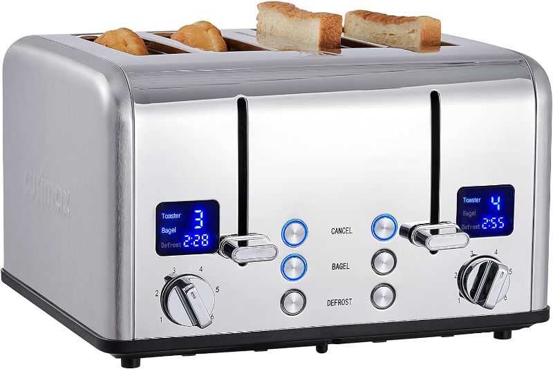 Photo 1 of CUSIMAX 4 Slice Toaster, Ultra-Clear LED Display & Extra Wide Slots, Dual Control Panels of 6 Shade Settings, Cancel/Bagel/Defrost Function, Removable Crumb Trays, Stainless Steel Toaster