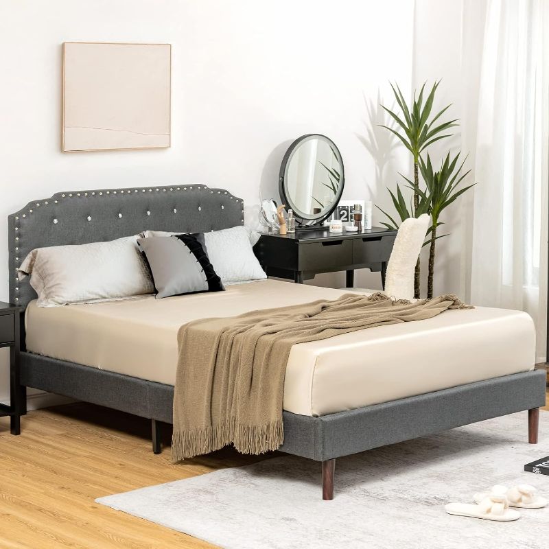 Photo 1 of  Upholstered Bed Frame w/Adjustable Headboard, Crystal Tufted Soft Platform Bed Frame w/Wooden Slats, Mattress Foundation No Box Spring Needed, Noise-Free, Easy Assembly, Grey (Full)